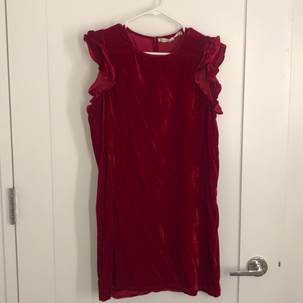 Red velvet dress with ruffle cap sleeves